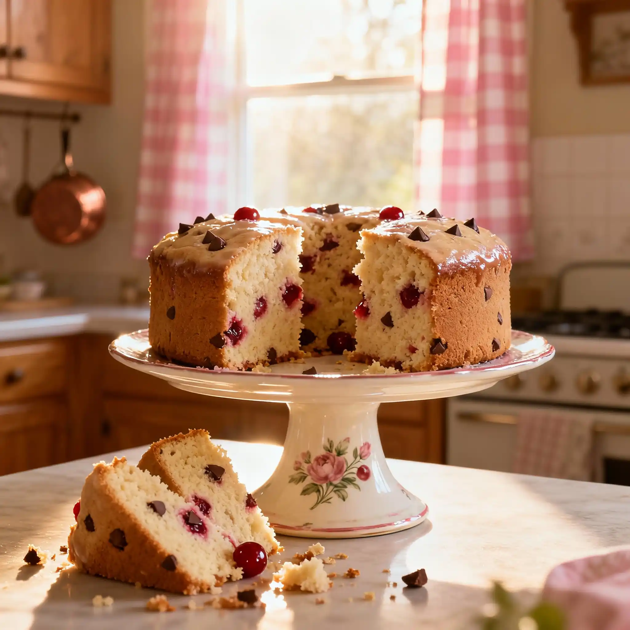 whole cherry chip cake on a vintage cake stand with missing slices