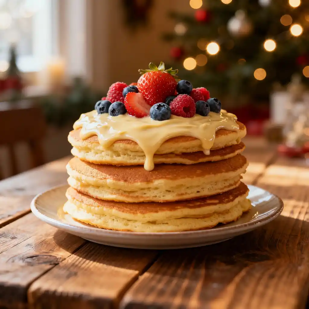 Fluffy Christmas pancakes stacked with cream cheese glaze and berries