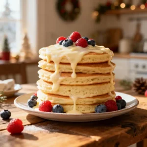 Fluffy stack of Christmas pancakes with cream cheese glaze, berries, and syrup on a cozy holiday table