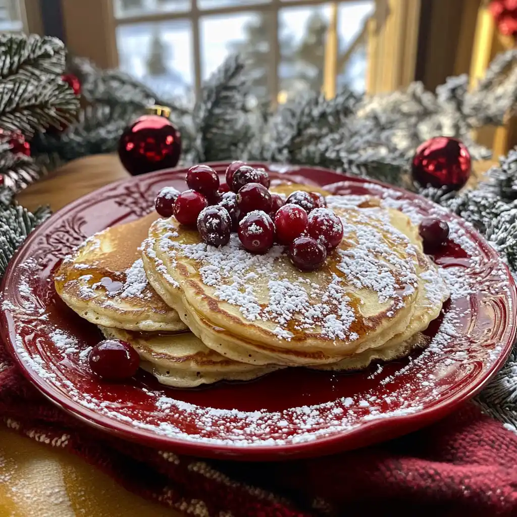 Christmas pancakes served with syrup and powdered sugar