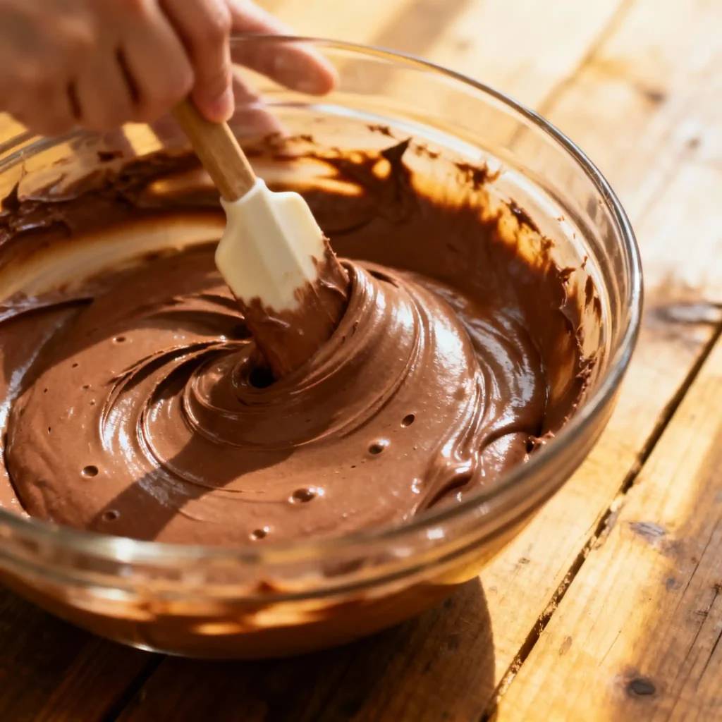 Dairy free chocolate frosting in bowl, creamy and rich vegan frosting texture