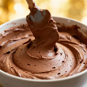 Dairy free chocolate frosting in a bowl — creamy, rich, vegan frosting made with cocoa and plant-based butter.