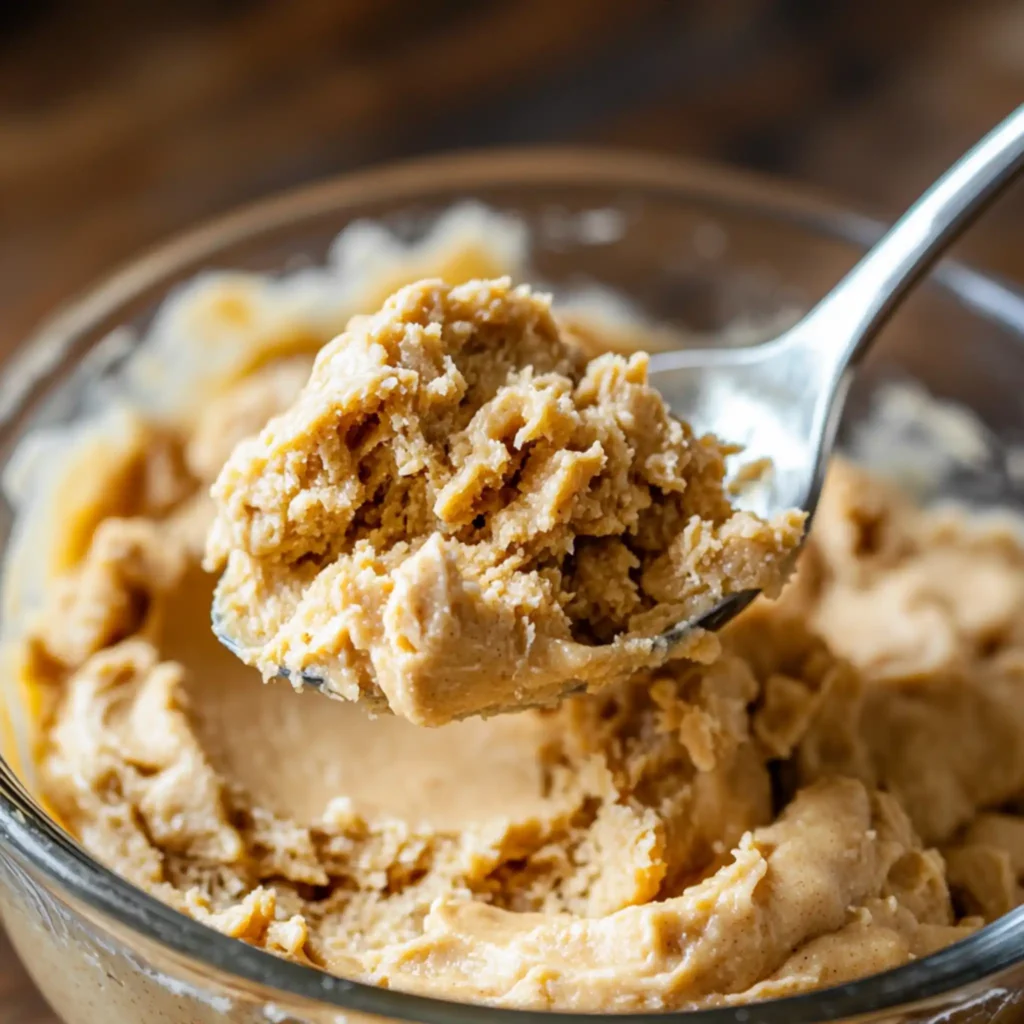 Edible peanut butter cookie dough in a bowl with a spoon