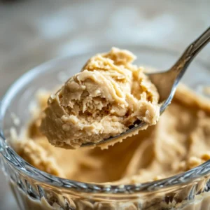 Edible peanut butter cookie dough in a bowl with a spoon, creamy, safe, and ready to eat