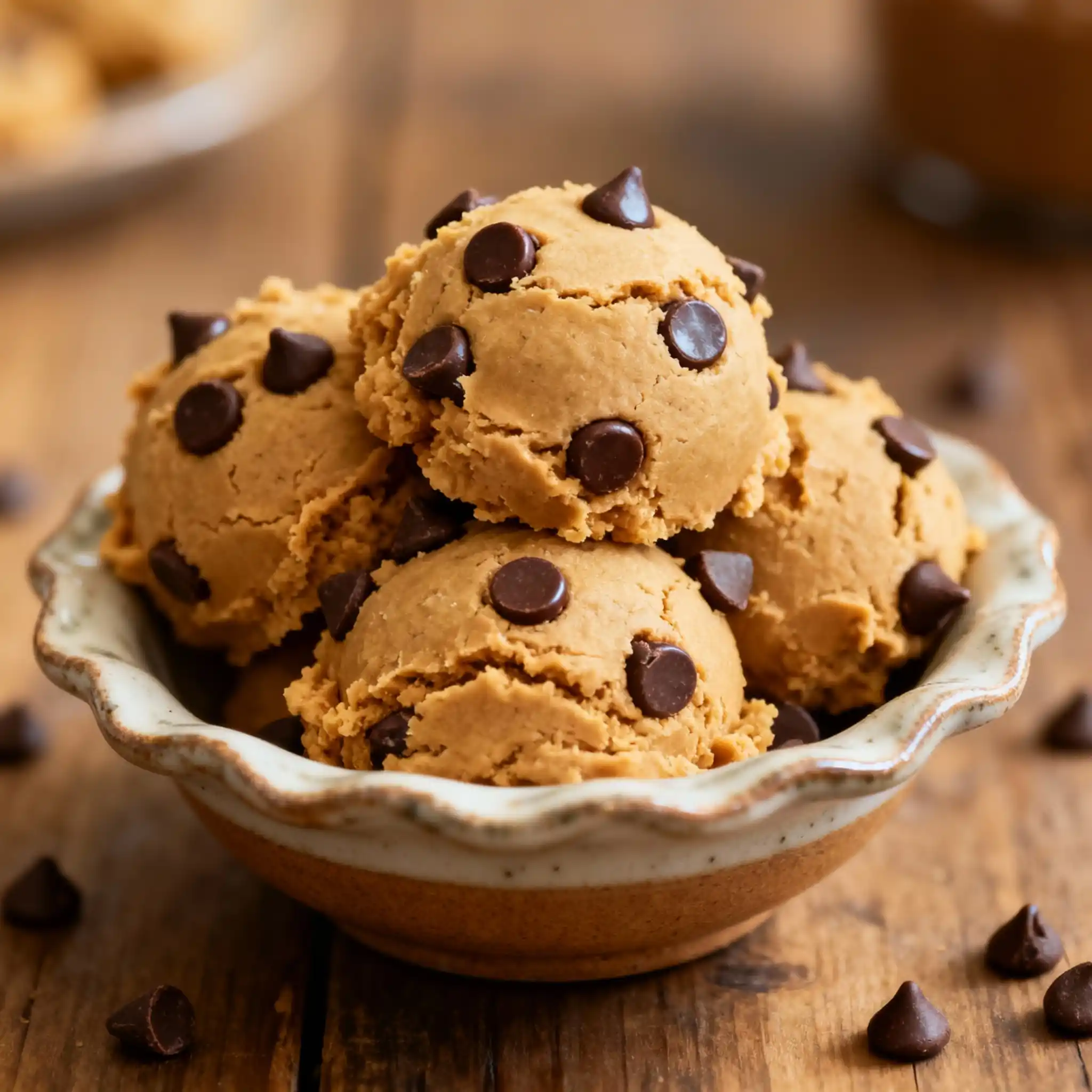 Scoops of edible peanut butter cookie dough with chocolate chips