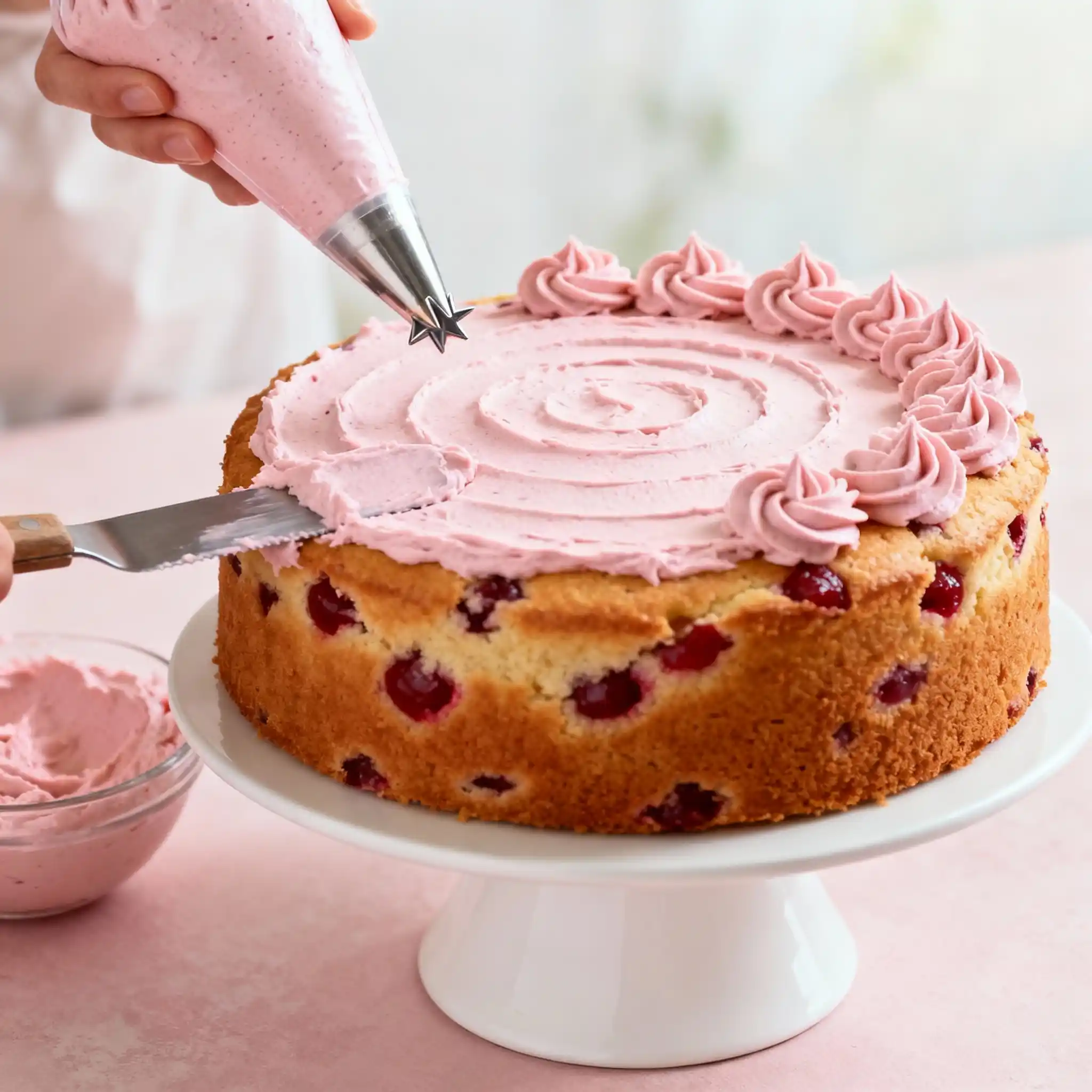 frosting cherry chip cake with vintage piping tips and buttercream