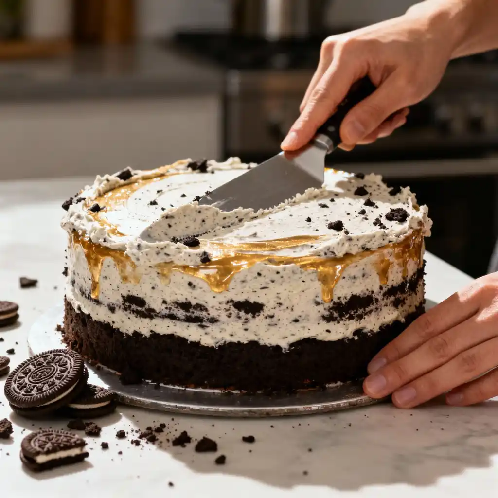 Frosting vegan Oreo cake with Oreo buttercream