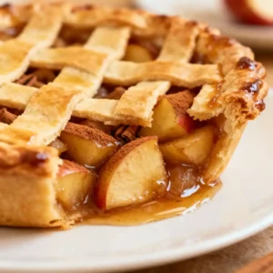 Homemade apple pie with golden flaky crust and cinnamon-spiced apple filling