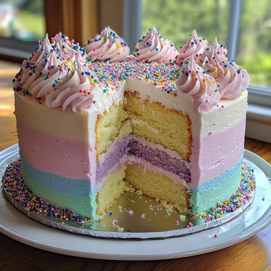 Jellycat Birthday Cake rainbow layer recipe with sprinkles.