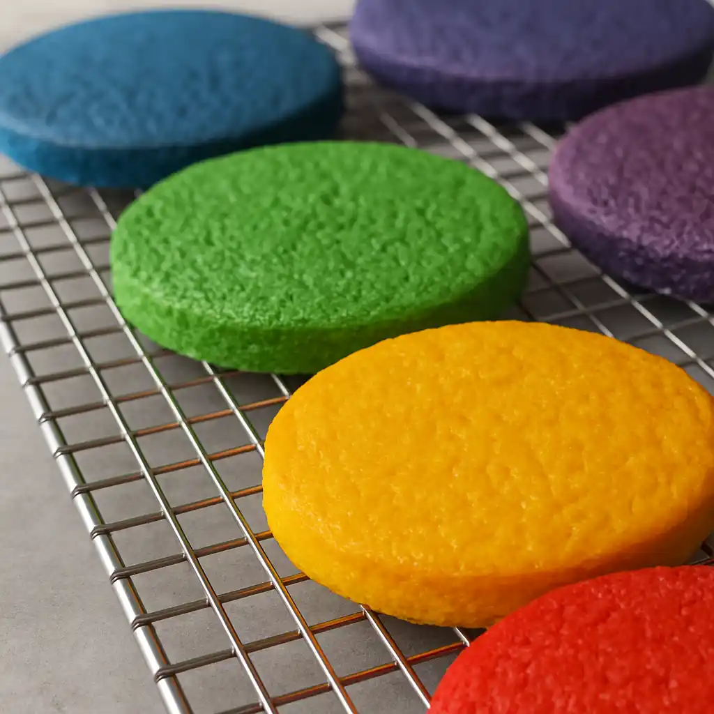 Jellycat Birthday Cake rainbow layers cooling before frosting.
