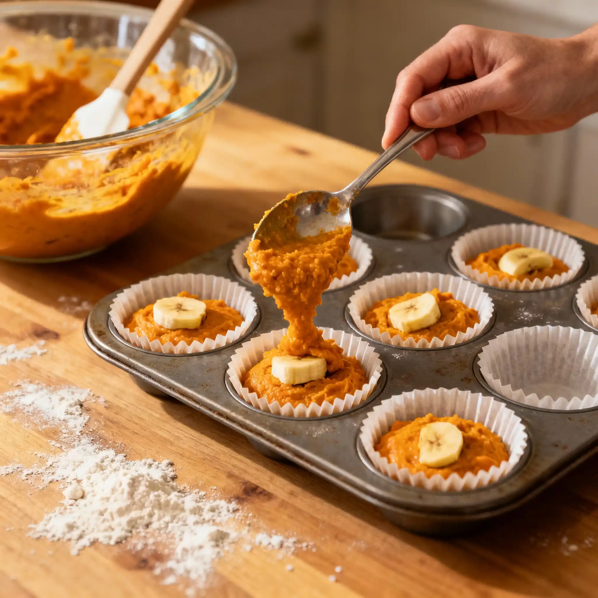 Pumpkin banana muffin batter being scooped into muffin tin