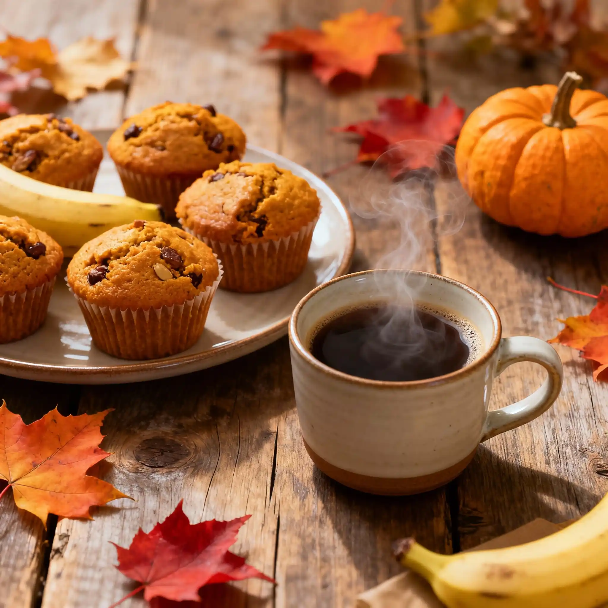 Pumpkin banana muffins served with coffee on a fall morning