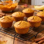Freshly baked pumpkin banana muffins on a rustic wooden table with cinnamon and pumpkin puree in the background.