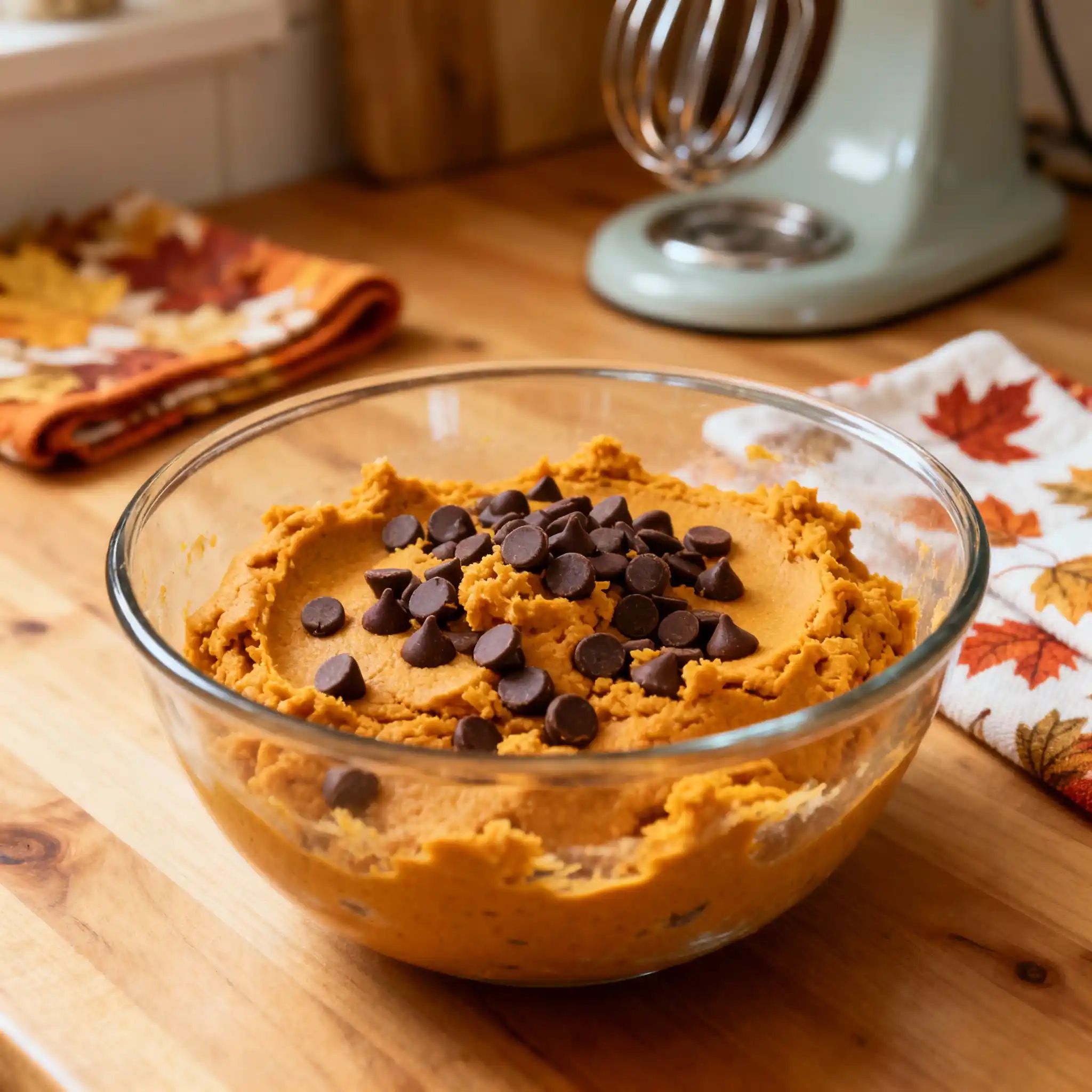 Mixing pumpkin cookie dough with chocolate chips in a bowl.