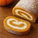 Pumpkin roll cake with cream cheese frosting swirl, dusted with powdered sugar on a rustic plate