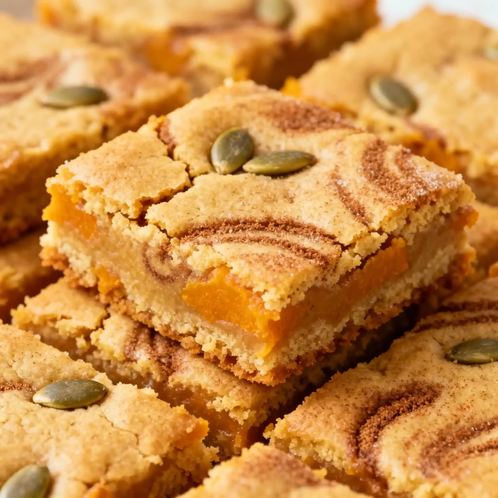 Pumpkin Snickerdoodle Blondies fresh from the oven on a kitchen counter.