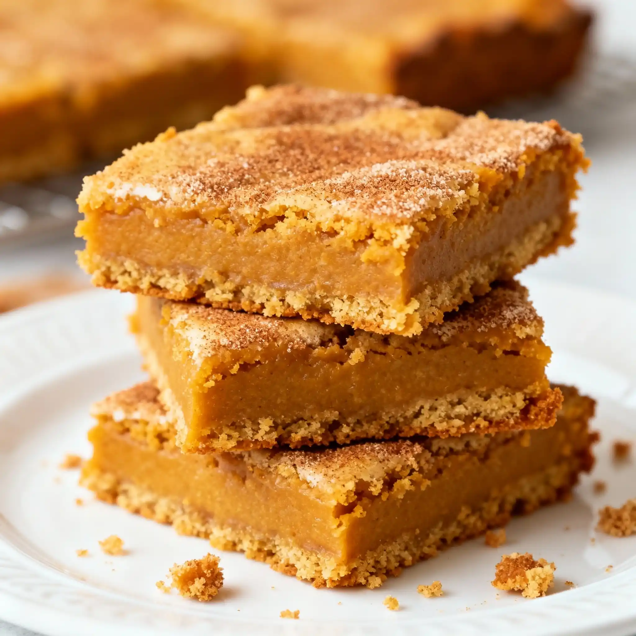 Stack of Pumpkin Snickerdoodle Blondies on a plate.