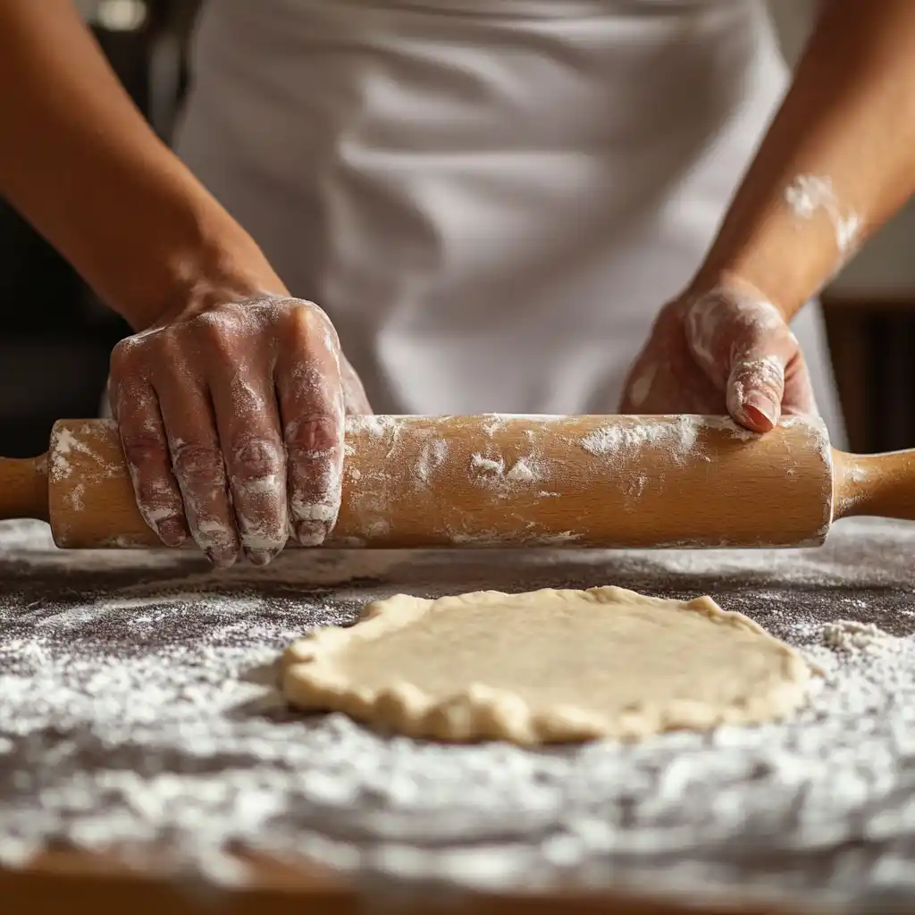 Rolling out pie crust dough on floured surface