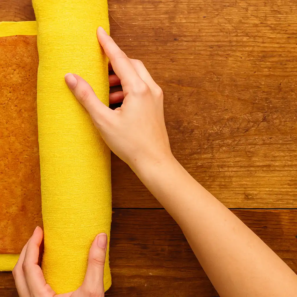Rolling a warm pumpkin roll cake in a kitchen towel