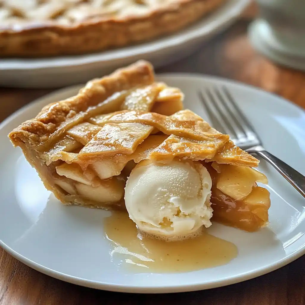 Slice of apple pie on plate with vanilla ice cream