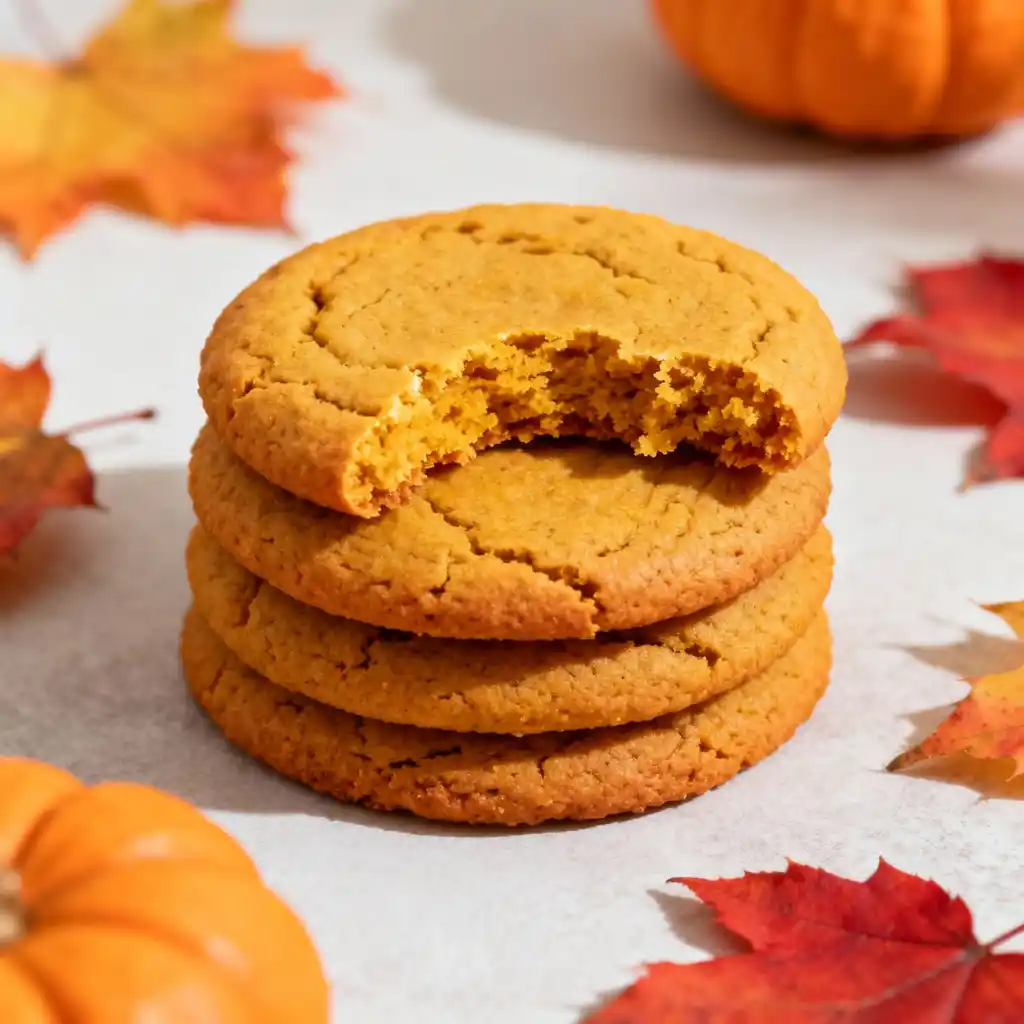Stack of Vegan Pumpkin Sugar Cookies with a bite