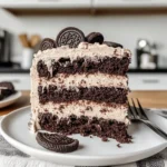 Vegan Oreo cake with chocolate layers and creamy Oreo buttercream frosting