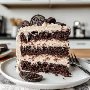 Vegan Oreo cake with chocolate layers and creamy Oreo buttercream frosting