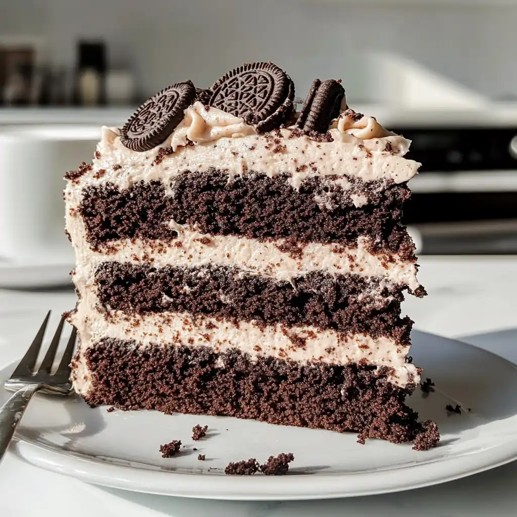 Slice of vegan Oreo cake on white plate