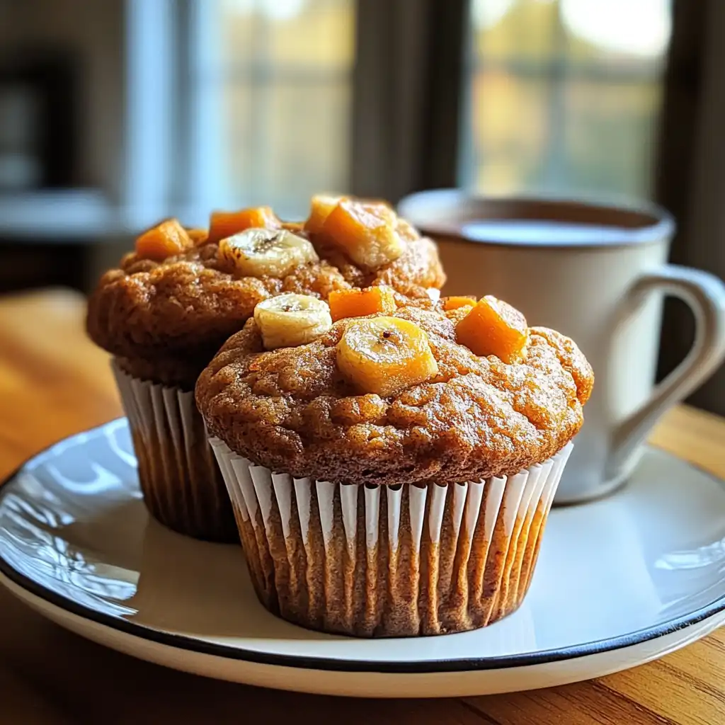 Stack of Banana Carrot Muffins served with tea