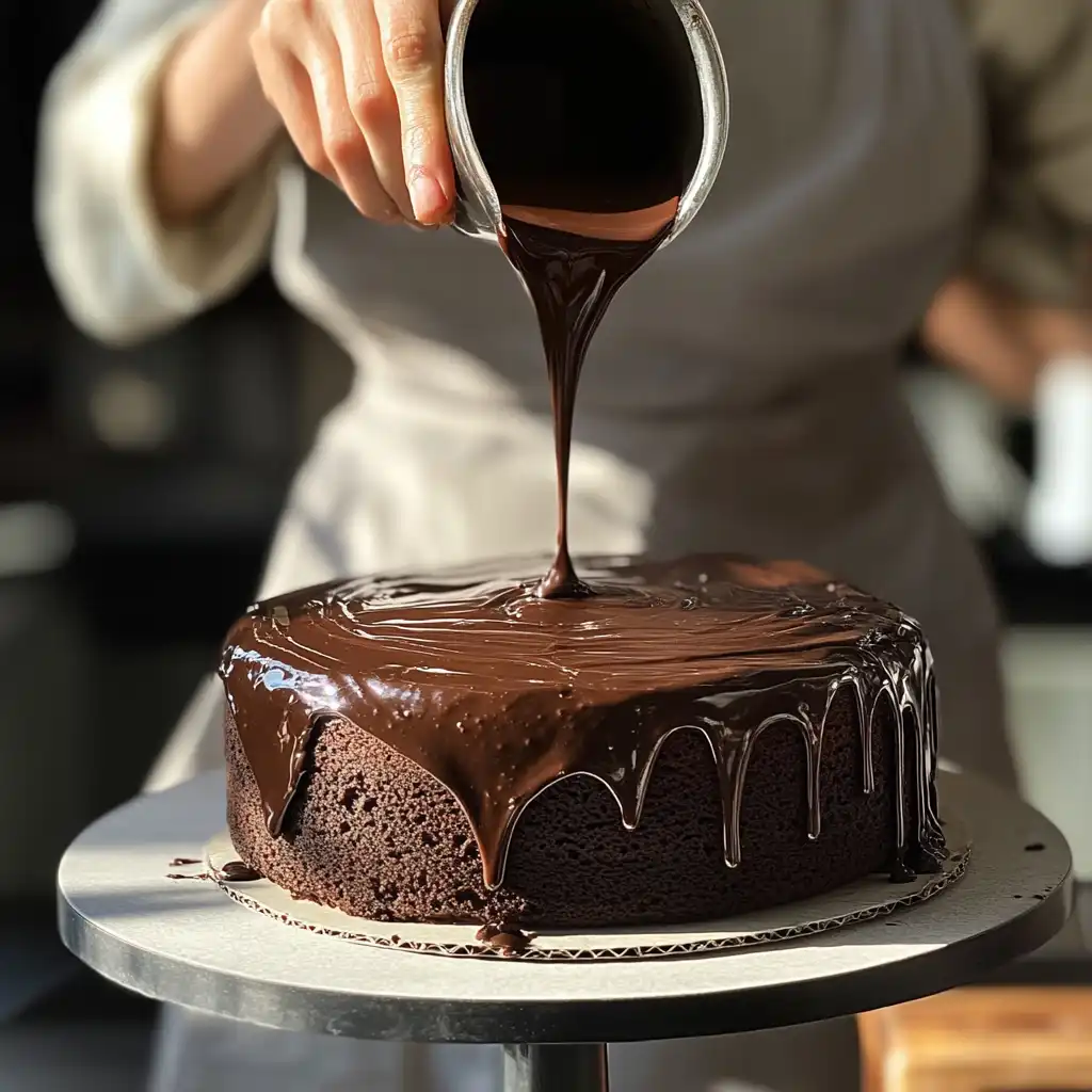Pouring chocolate ganache over a freshly baked Chocolate Orange Cake.