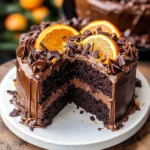 Chocolate Orange Cake with glossy chocolate ganache and orange zest curls on top