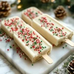 Christmas Cakesicles decorated with festive red and green sprinkles and coated in smooth chocolate