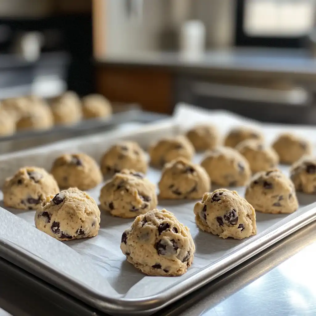 Cookie dough balls for chocolate chip cookies without brown sugar on a baking tray