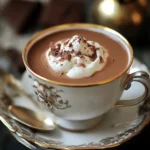 French hot chocolate in a cozy mug with steam rising, topped with whipped cream and chocolate shavings.