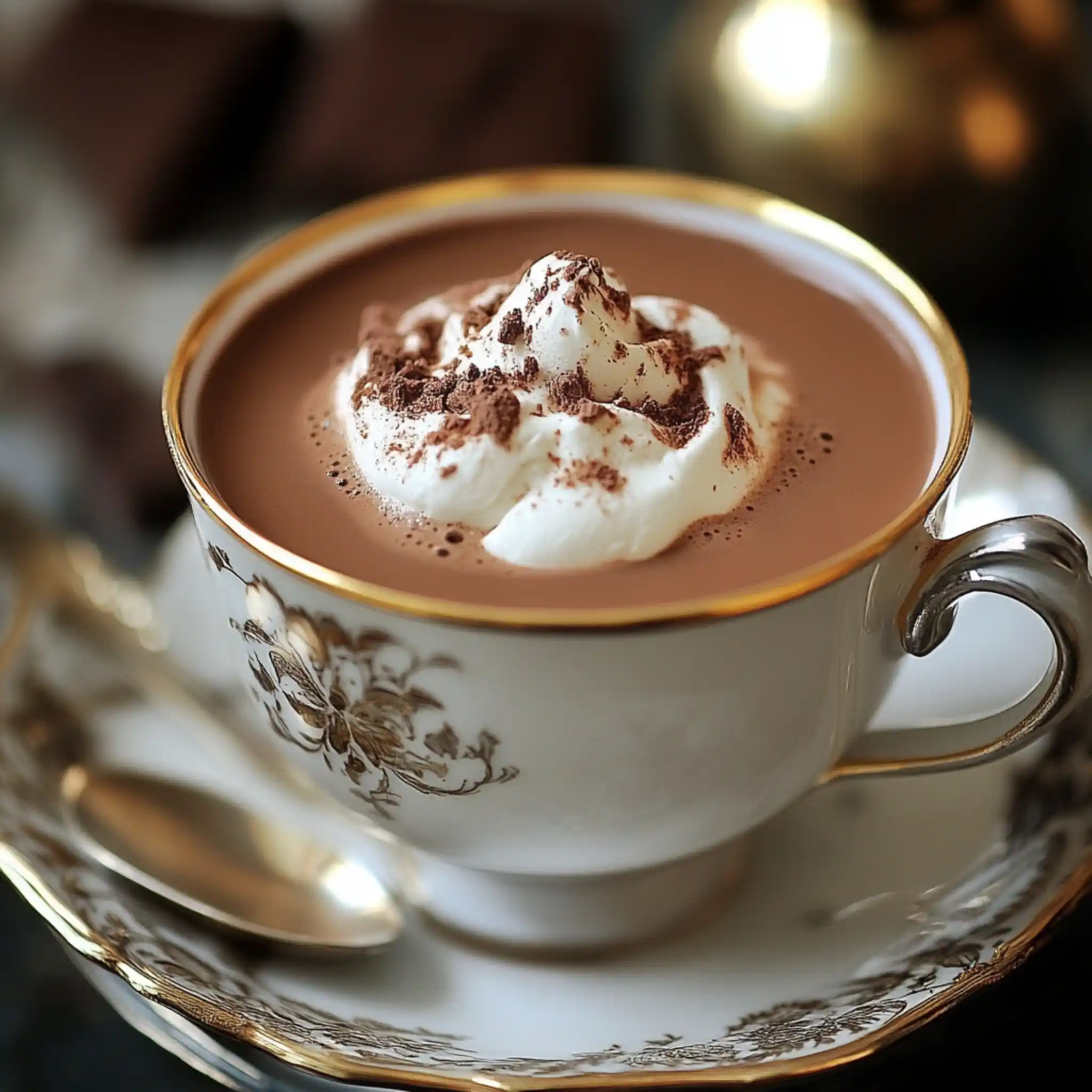 French hot chocolate in a cozy mug with steam rising, topped with whipped cream and chocolate shavings.