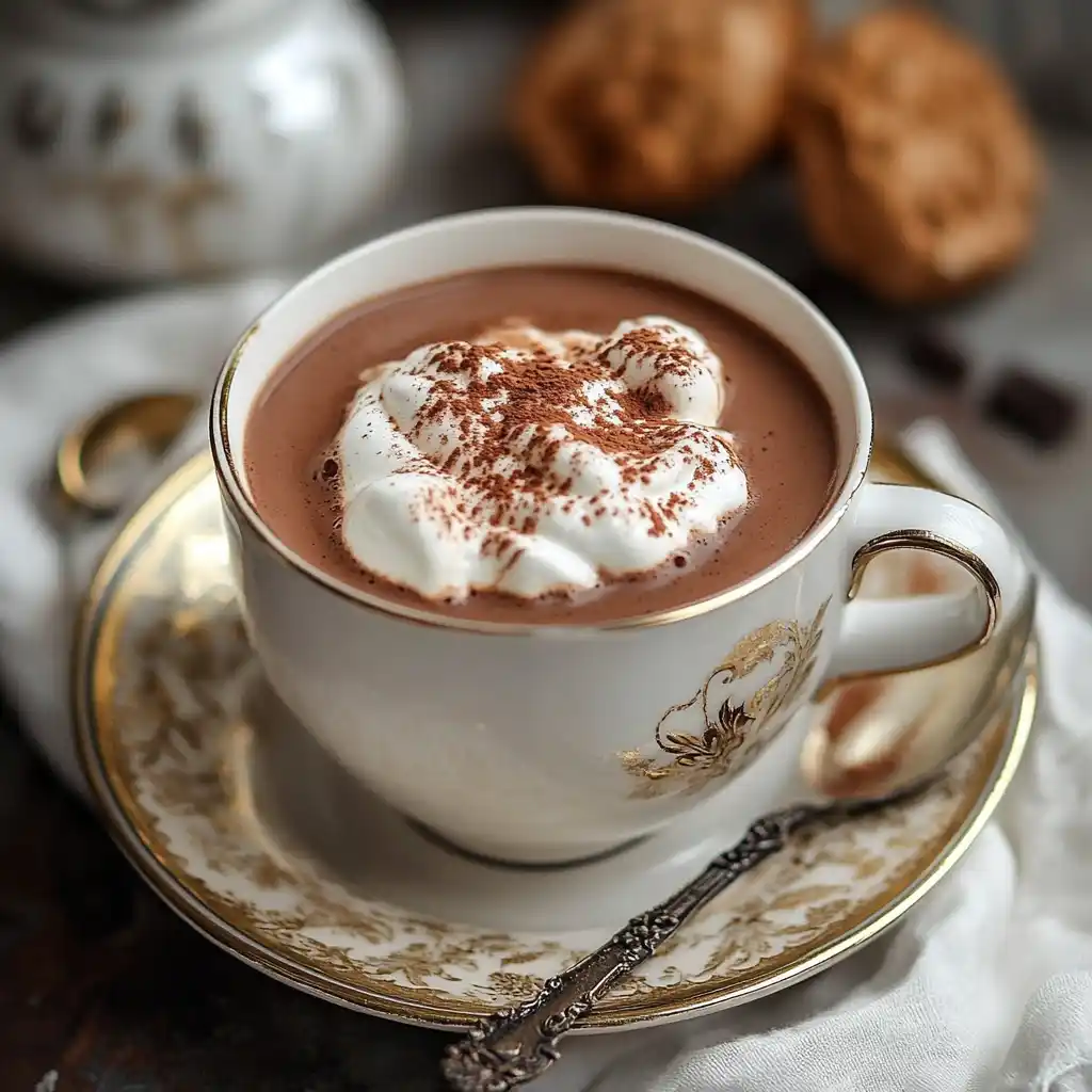 French hot chocolate in a cozy mug with steam rising.