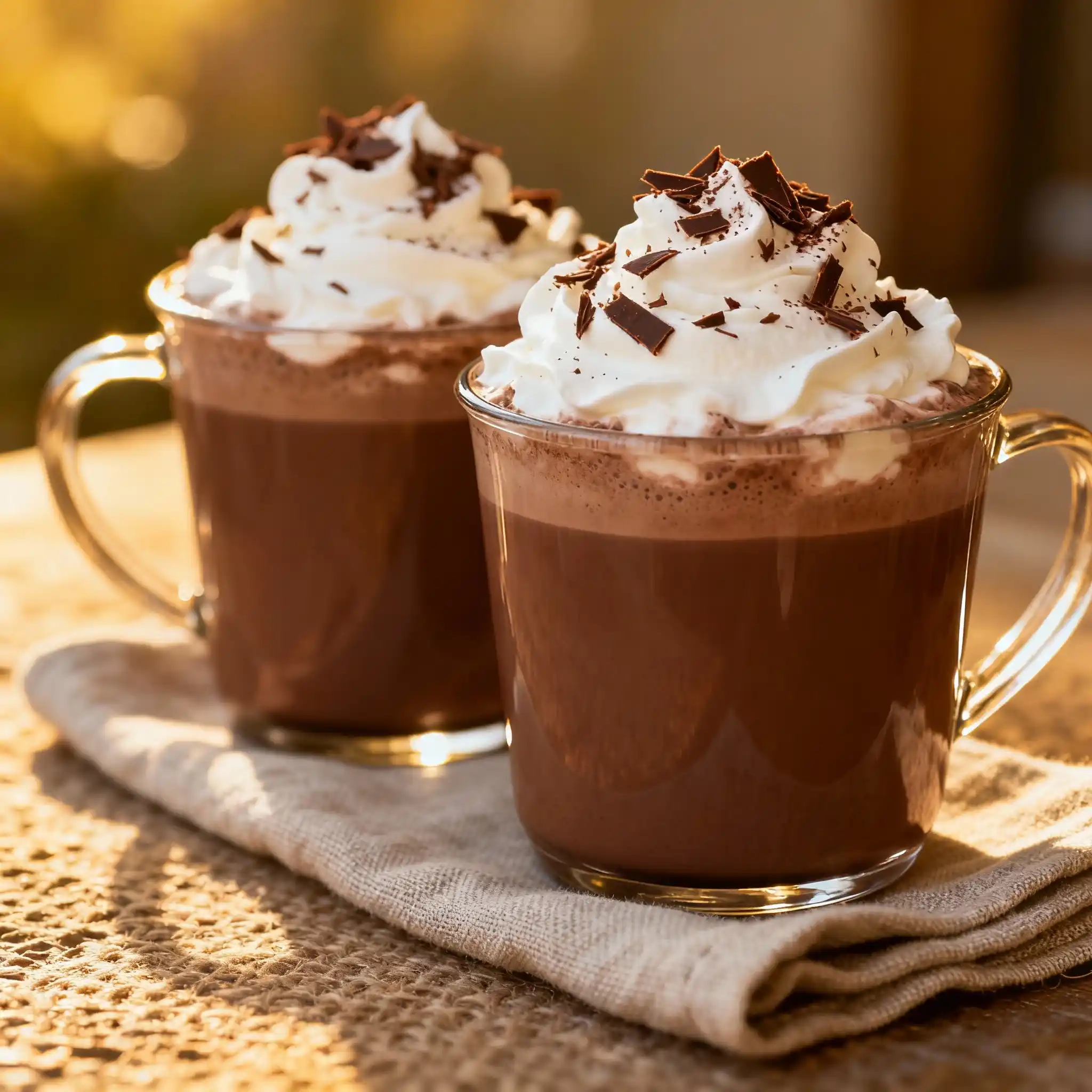 French hot chocolate topped with whipped cream in two mugs.