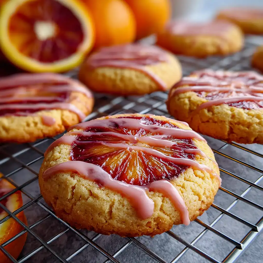 Glazed vegan blood orange cookies cooling on rack