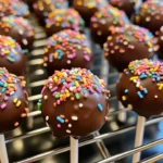 Homemade chocolate cake pops dipped in glossy melted chocolate and topped with rainbow sprinkles