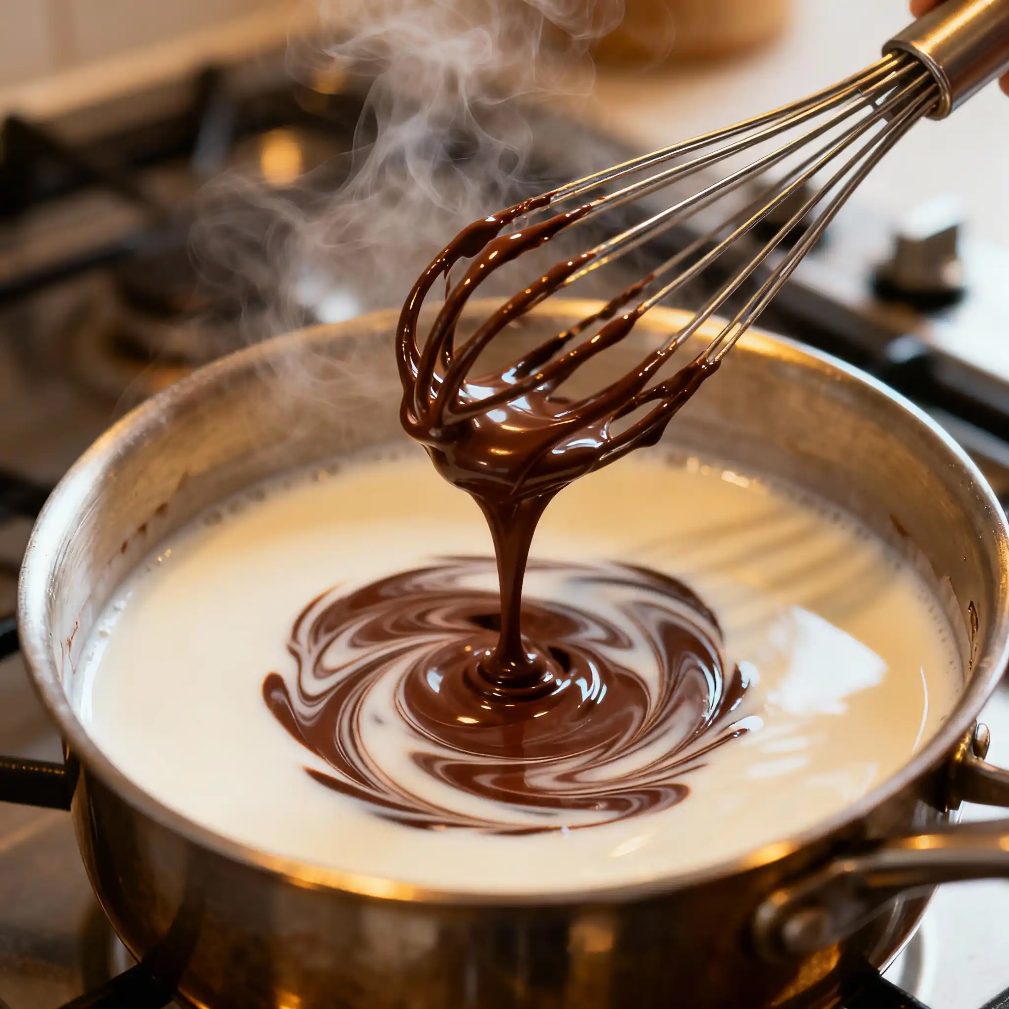 Melting chocolate being whisked to make French hot chocolate.