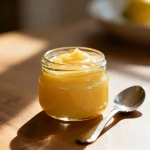 Homemade Meyer Lemon Curd in a glass jar with spoon — smooth, creamy, and bright from fresh Meyer lemon recipes