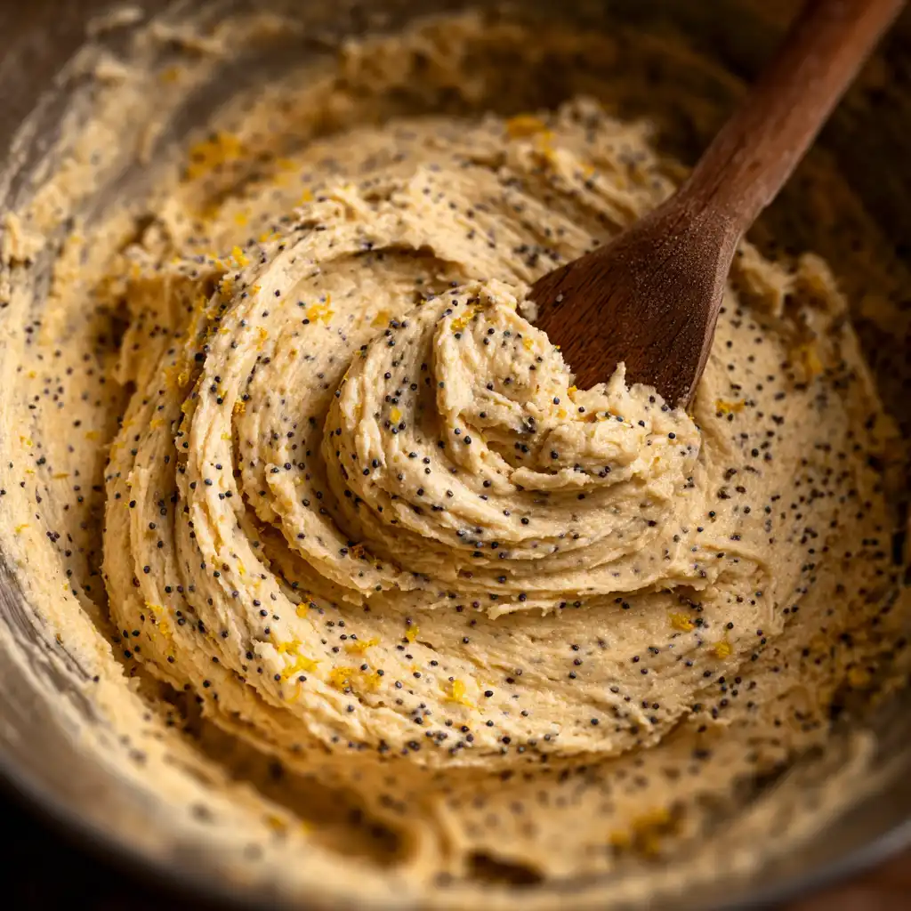 mixing dough for vegan lemon poppy seed cookies