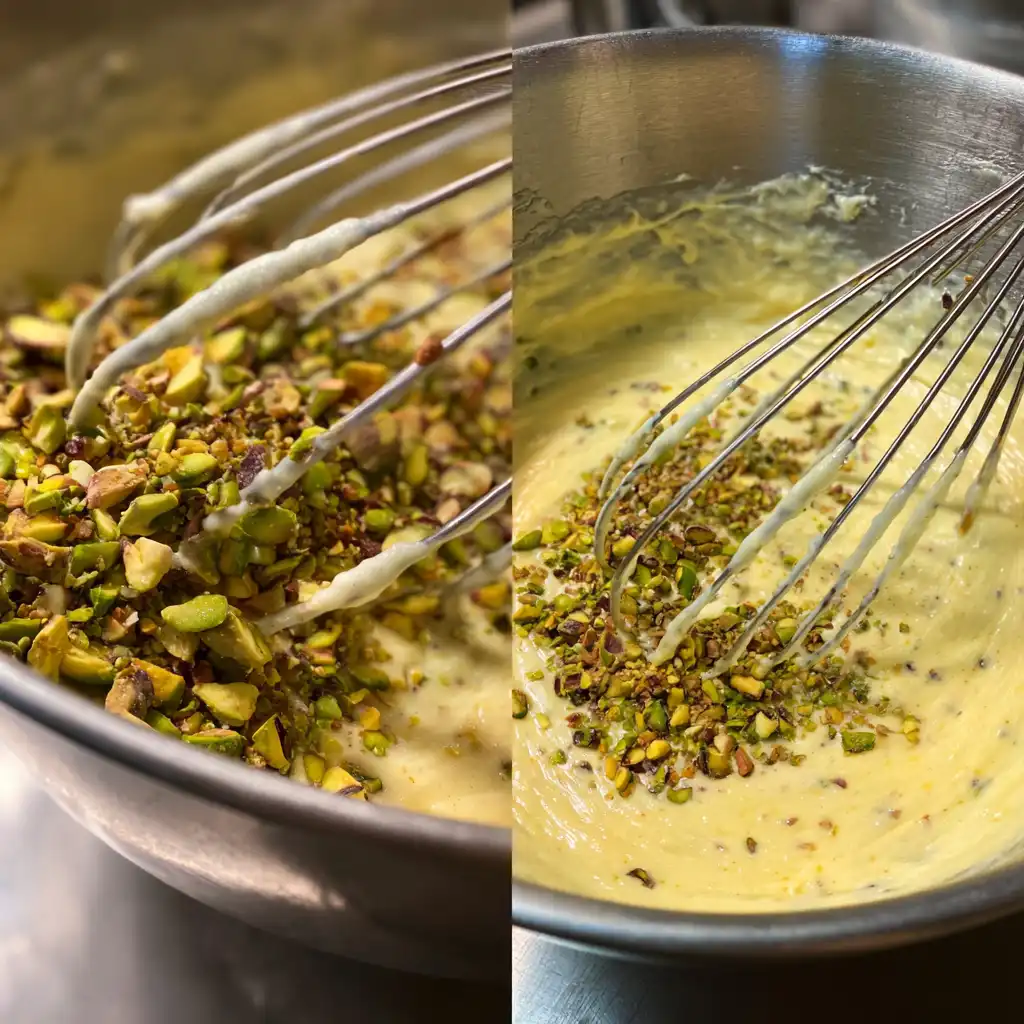 batter for orange and pistachio loaf with pistachios