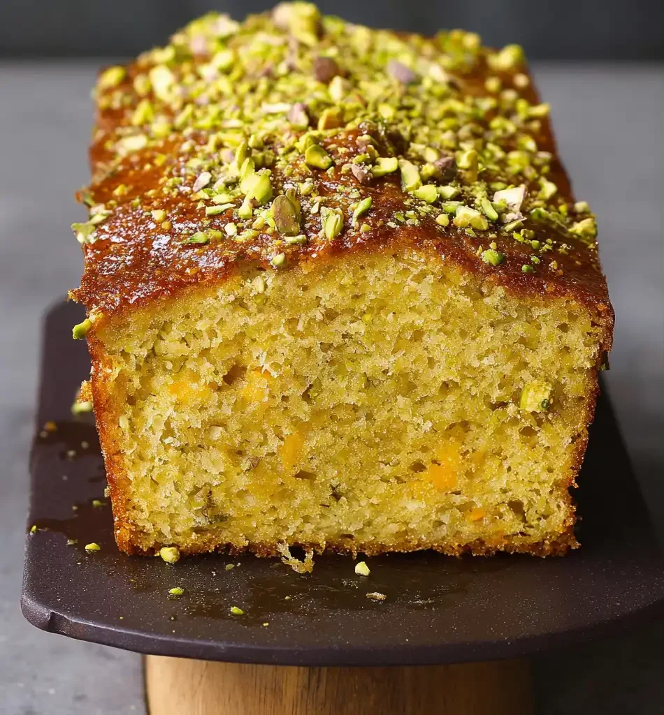 orange and pistachio loaf sliced on board