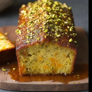 Freshly baked orange and pistachio loaf sliced on a wooden board, showing bright citrus zest and crunchy pistachios.