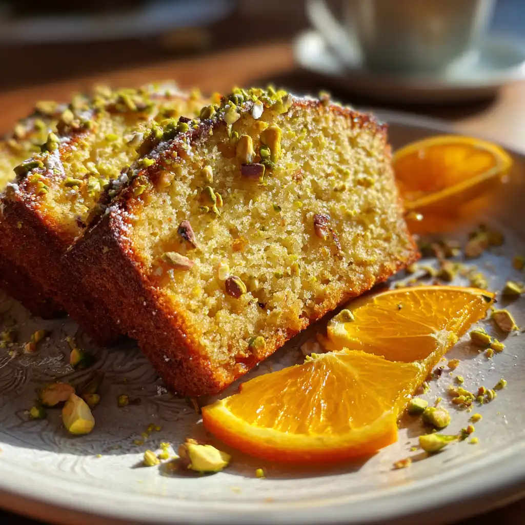 sliced orange and pistachio loaf on plate