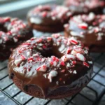 peppermint hot cocoa donuts with peppermint glaze on cooling rack