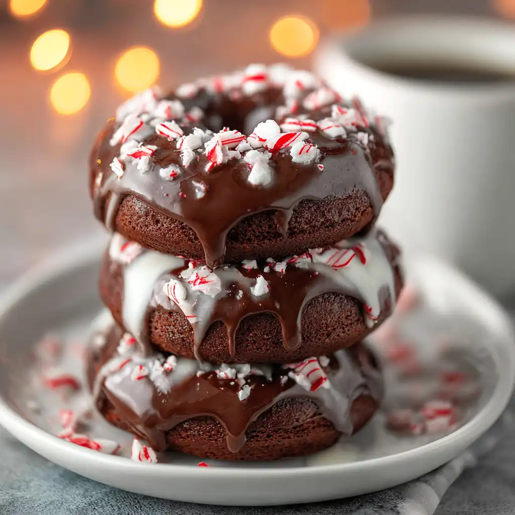 stacked peppermint hot cocoa donuts with glaze