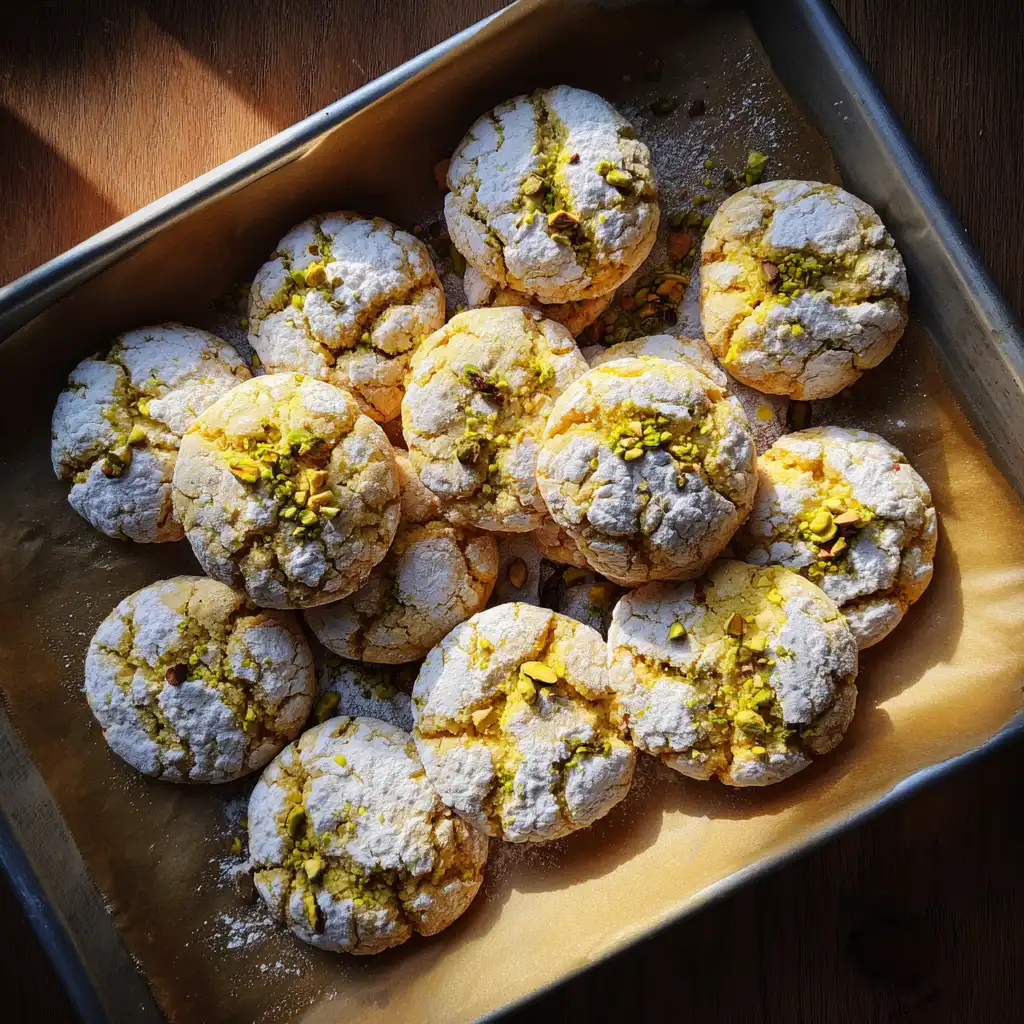 freshly baked pistachio lemon crinkle cookies on baking sheet