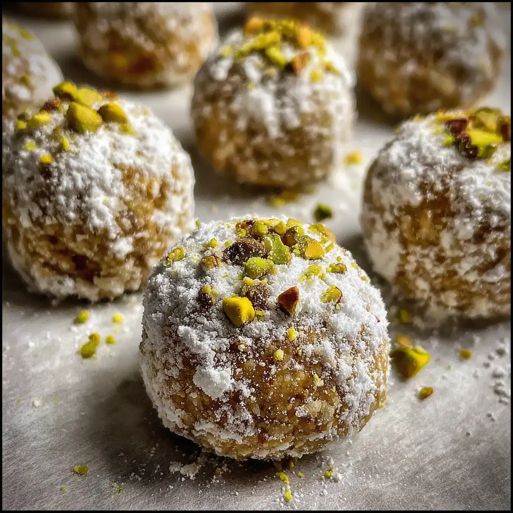 pistachio lemon cookie dough balls rolled in powdered sugar